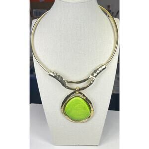 Vintage Mod Lime Green Statement Choker Collar Necklace  Bold Gold Tone Hammered